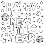 Kolorowanka z napisem Happy New Year i świątecznymi ozdobami do druku.