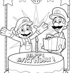 Kolorowanka Mario i Luigi z tortem urodzinowym, idealna do druku dla dzieci.