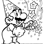 Super Mario z czapeczką i fajerwerkami do kolorowania.