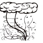 Kolorowanka tornado z chmurami i wirami dla dzieci do druku.