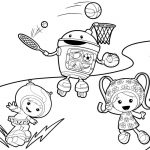 Postacie z Umizoomi grające w piłkę i koszykówkę, do kolorowania dla dzieci.