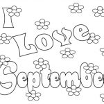 Kolorowanka z napisem Love September i kwiatami do druku.