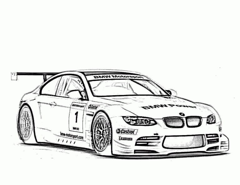 BMW wyścigowe z numerem 1 BMW w wersji wyścigowej z numerem 1 i dużym spoilerem - kolorowanka