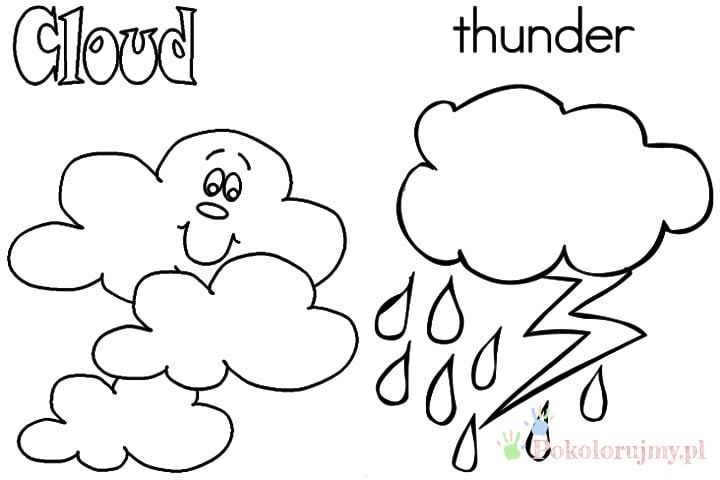Cloud i thunder - symbole pogody Chmura i burzowa chmura z angielskimi słowami Cloud i thunder - kolorowanka