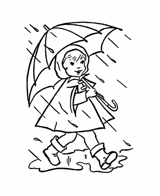 Dziewczynka idzie w deszczu Dziewczynka z parasolem idąca przez kałużę w deszczu - kolorowanka