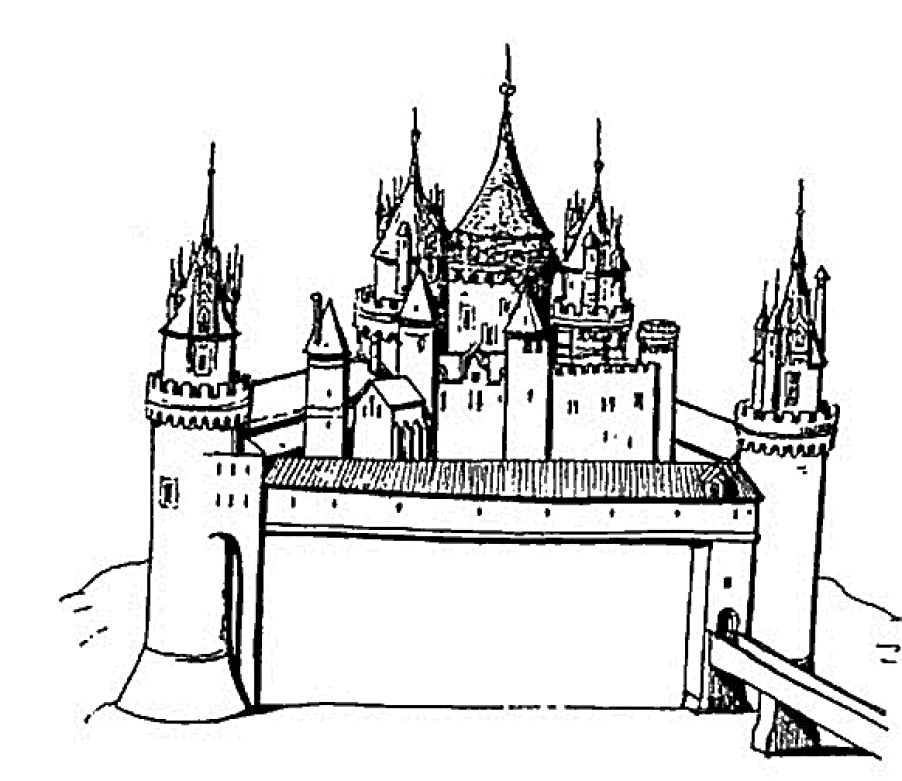 Forteca z murem i mostem - kolorowanka Duża forteca z wysokim murem, wieżami i mostem - kolorowanka