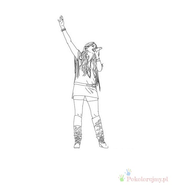 Hannah Montana w dynamicznej pozie Hannah Montana z ręką uniesioną wysoko w górę - kolorowanka