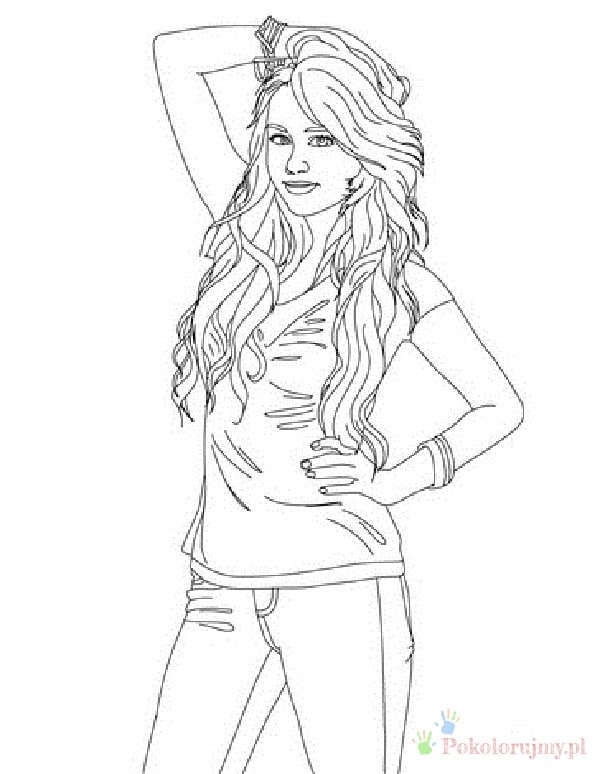 Hannah Montana w swobodnej pozie Hannah Montana pozuje z ręką nad głową - kolorowanka