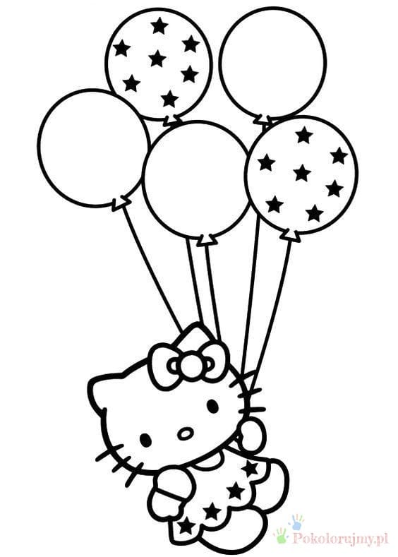 Hello Kitty unosi się z balonami Hello Kitty trzymająca pęk balonów, część w gwiazdki - kolorowanka