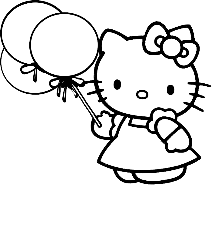 Hello Kitty z balonami Hello Kitty z trzema balonami i małym rożkiem w dłoni - kolorowanka