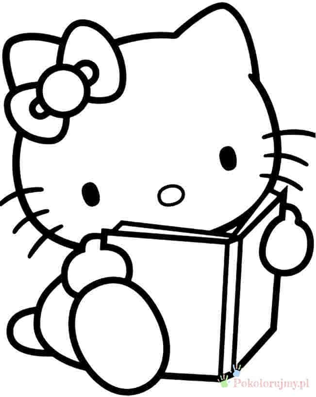 Hello Kitty czyta książkę Hello Kitty siedząca z otwartą książką - prosta kolorowanka dla dzieci