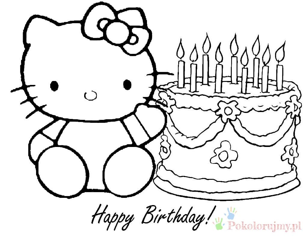 Hello Kitty obok dużego tortu ze świeczkami Hello Kitty siedząca obok dużego ozdobnego tortu ze świeczkami - kolorowanka