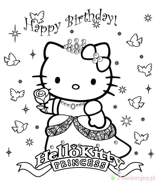 Hello Kitty Princess - urodzinowa kolorowanka Hello Kitty w stroju księżniczki z motylami i napisem Happy Birthday - kolorowanka