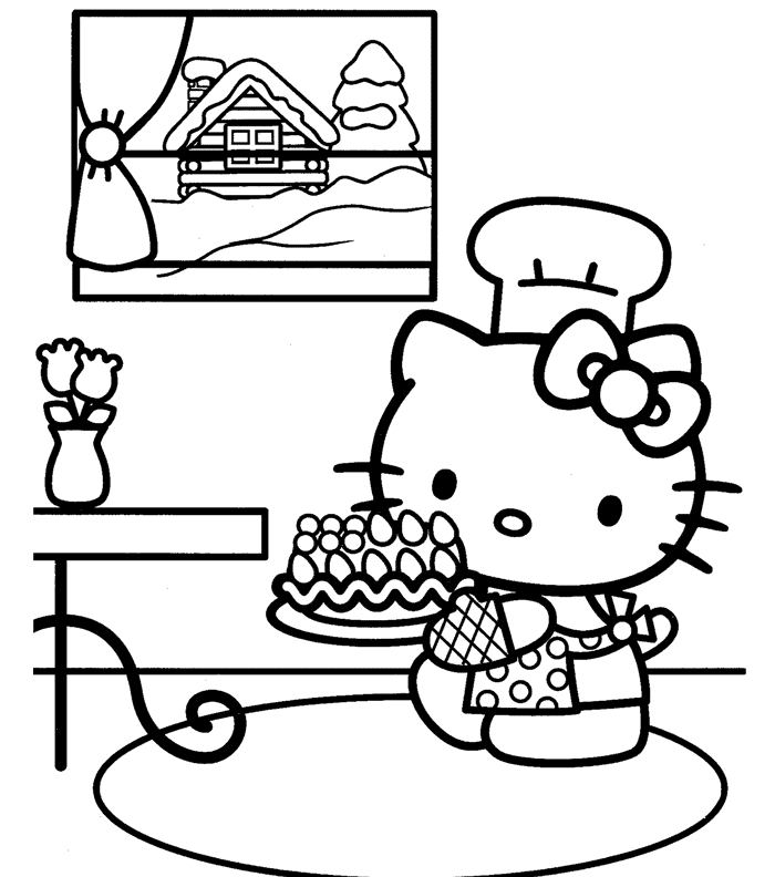 Hello Kitty kucharka z ciastem Hello Kitty w czapce kucharskiej niosąca ozdobne ciasto - kolorowanka