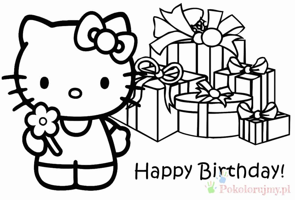 Hello Kitty z prezentami - Happy Birthday Hello Kitty obok stosu prezentów z napisem Happy Birthday - kolorowanka