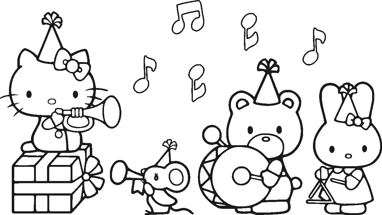 Hello Kitty i przyjaciele na urodzinach Hello Kitty i małe postacie przy prezentach i nutkach - kolorowanka urodzinowa