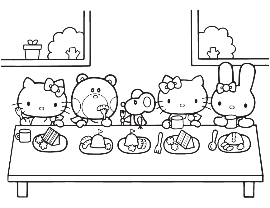 Urodzinowe przyjęcie Hello Kitty i przyjaciół Hello Kitty i przyjaciele siedzący przy urodzinowym stole - kolorowanka
