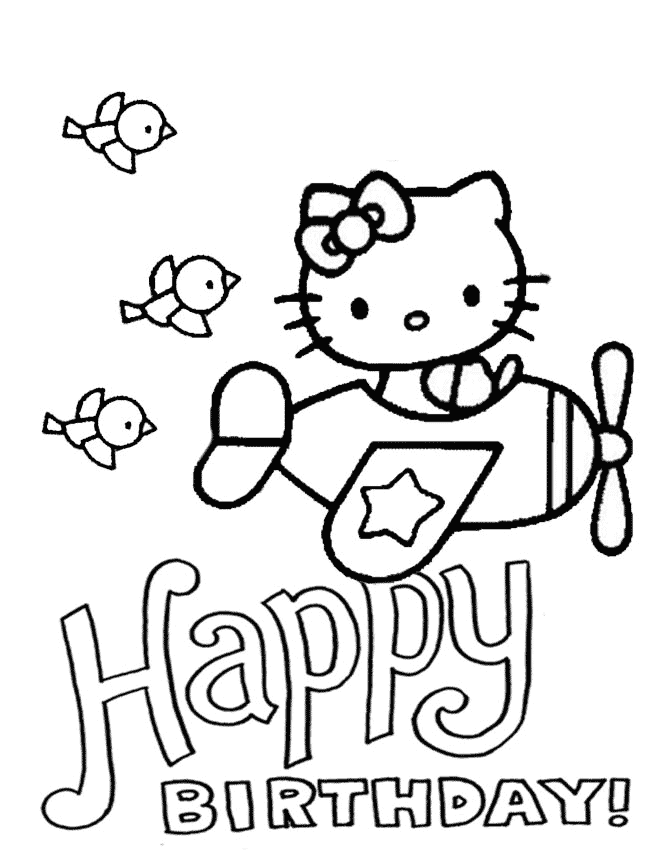Hello Kitty w samolocie - Happy Birthday Hello Kitty lecąca małym samolotem nad napisem Happy Birthday - kolorowanka