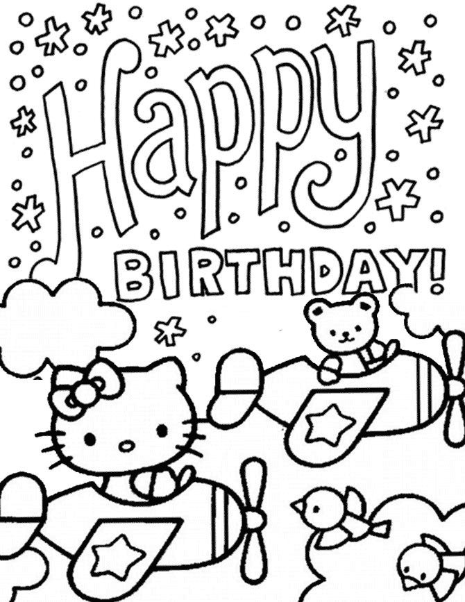 Happy Birthday z Hello Kitty w samolocie Duży napis Happy Birthday i Hello Kitty lecąca samolotem - kolorowanka