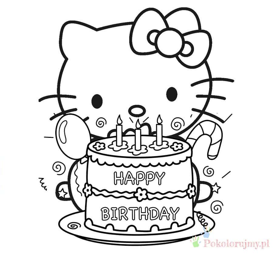 Hello Kitty za tortem Happy Birthday Hello Kitty za dużym tortem ze świeczkami i napisem Happy Birthday - kolorowanka