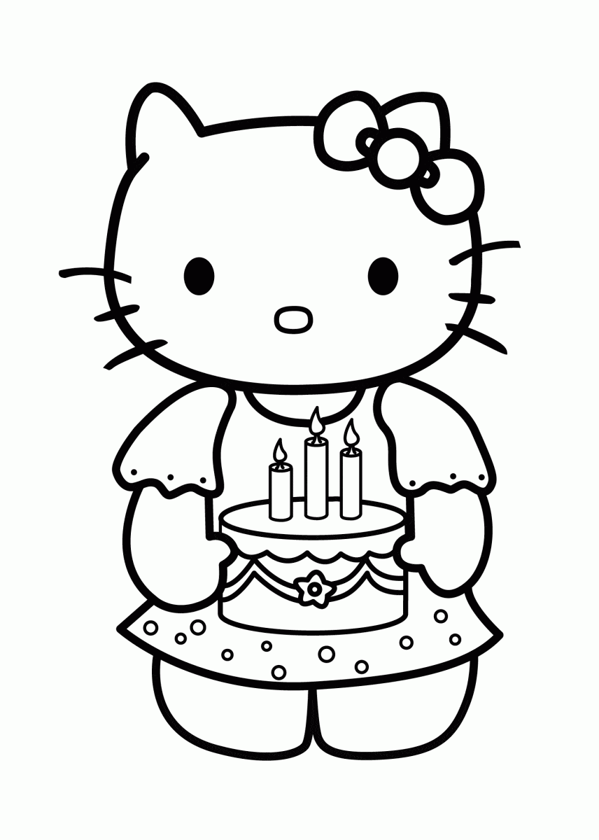 Hello Kitty z małym tortem i świeczkami Hello Kitty trzymająca mały tort ze świeczkami - kolorowanka urodzinowa