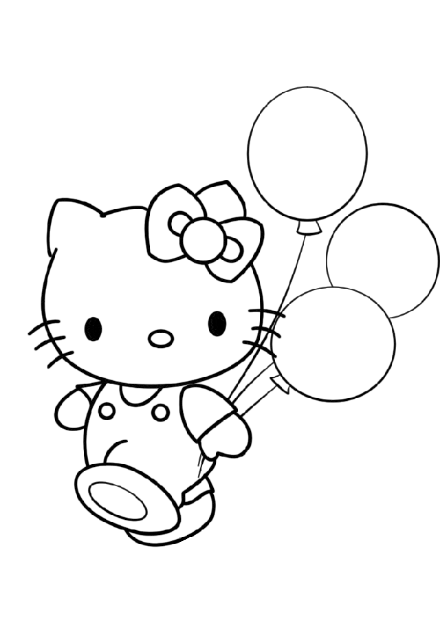 Hello Kitty z trzema balonami Hello Kitty trzymająca trzy balony - prosta kolorowanka urodzinowa