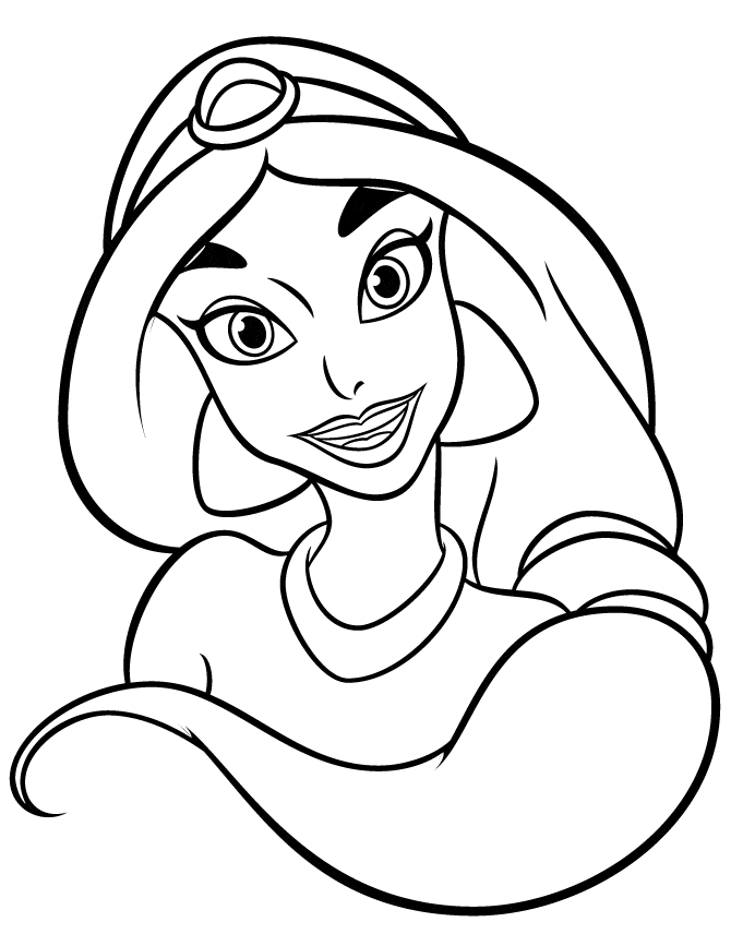 Księżniczka Dżasmina - prosty portret Księżniczka Dżasmina z długimi włosami - łatwa kolorowanka Disney
