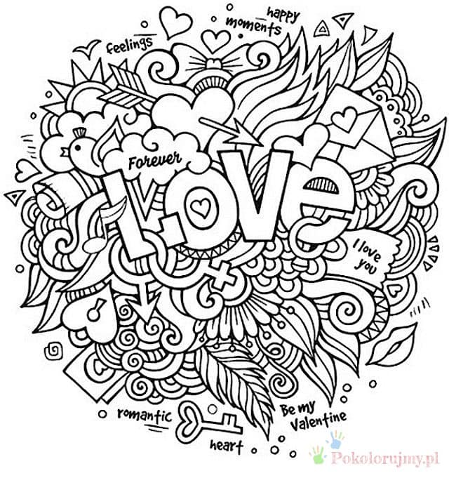 LOVE i walentynkowe doodle - kolorowanka Napis LOVE otoczony sercami, strzałkami i doodlami - kolorowanka