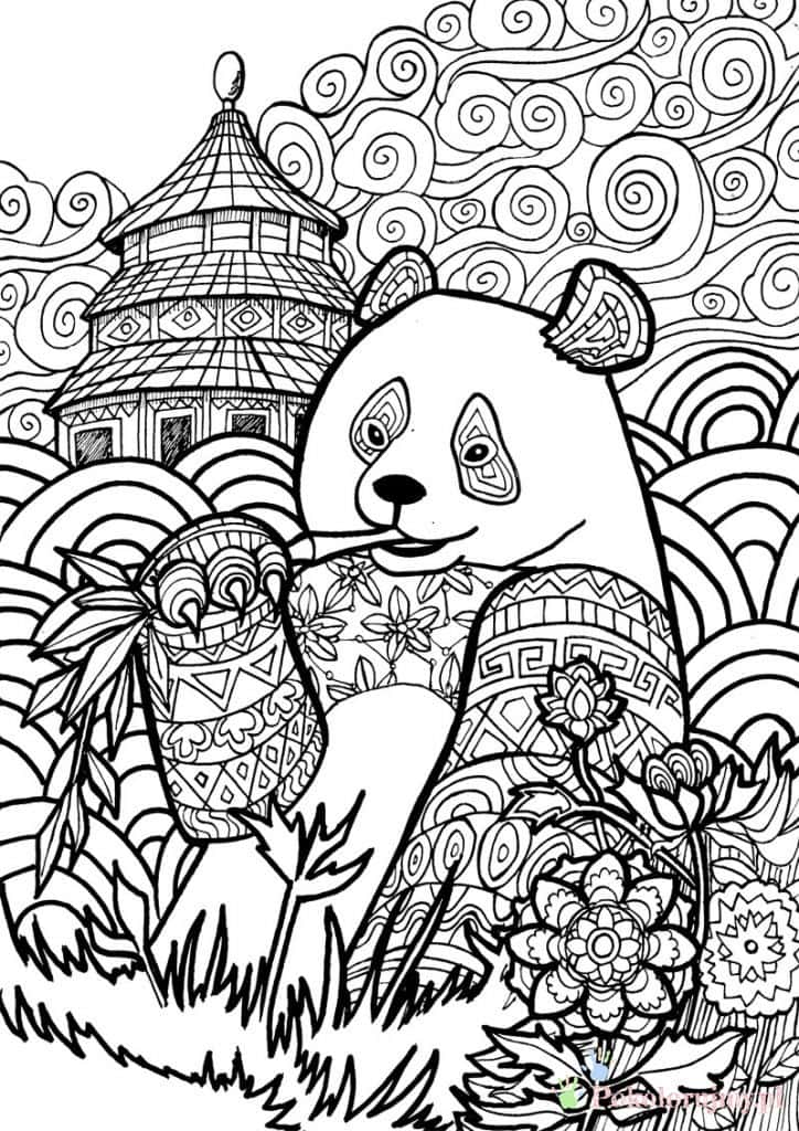 Panda wśród kwiatów i chińskiej architektury Panda wśród kwiatów z ozdobną wieżą w tle - szczegółowa kolorowanka