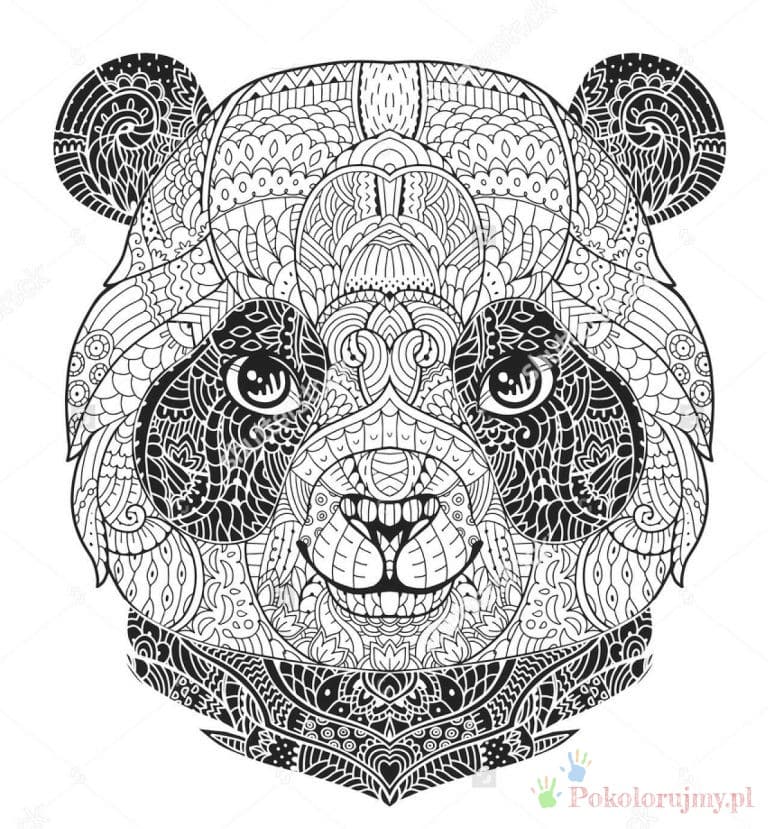 Panda mandala - szczegółowy portret Głowa pandy wypełniona skomplikowanymi wzorami mandali - kolorowanka