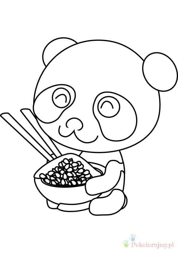Panda z miską i pałeczkami Bajkowa panda trzymająca miskę jedzenia i pałeczki - kolorowanka