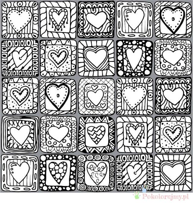 Patchwork walentynkowych serc - kolorowanka Patchwork z wieloma sercami w ozdobnych kwadratach - kolorowanka