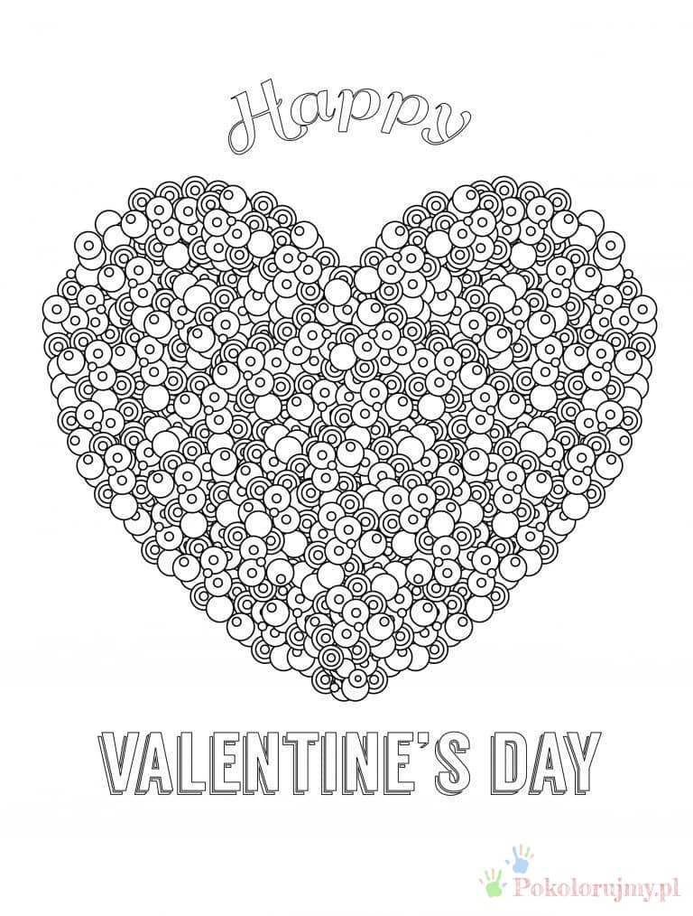 Kwiatowe serce na Walentynki - kolorowanka Serce z drobnych kwiatów i napis Happy Valentine
