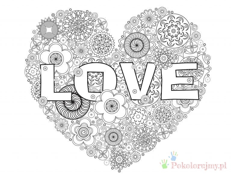 Serce z napisem LOVE - szczegółowa kolorowanka Ozdobne serce z napisem LOVE i kwiatowymi wzorami - kolorowanka