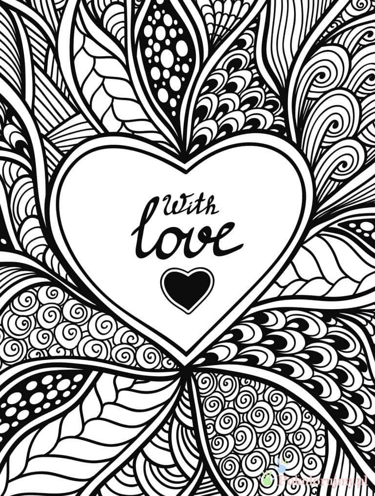 With love - ozdobne serce do kolorowania Serce z napisem With love na tle wzorów paisley - kolorowanka