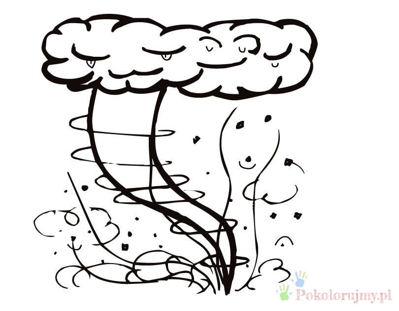 Tornado pod chmurami Tornado schodzące z ciemnych chmur - kolorowanka