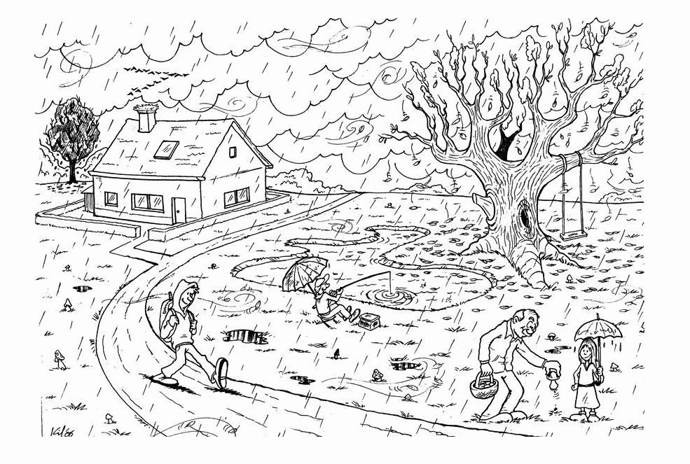 Wietrzny krajobraz z domem - kolorowanka Dom, dzieci i drzewa podczas bardzo silnego wiatru - kolorowanka