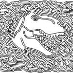 Labirynt z dinozaurem do kolorowania dla dzieci, wyzwanie i zabawa.