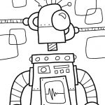 Robot do kolorowania dla dzieci, z elementami technicznymi i futurystycznym designem.