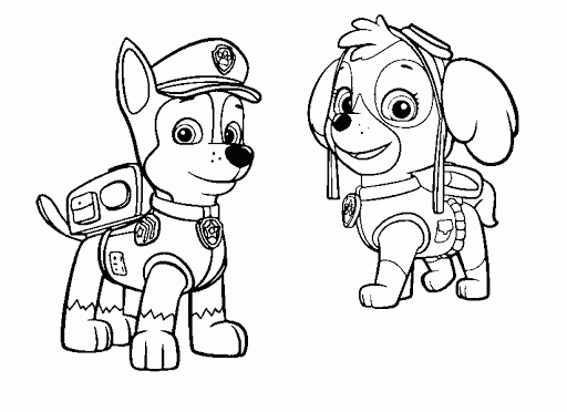 Chase i Skye Chase i Skye stojący naprzeciwko siebie - kolorowanka Psi Patrol