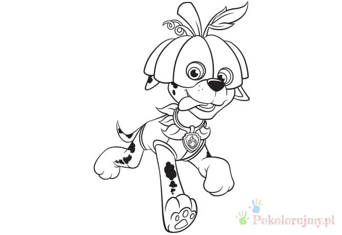 Marshall w kostiumie dyni Marshall z Psiego Patrolu przebrany za dynię na Halloween - kolorowanka
