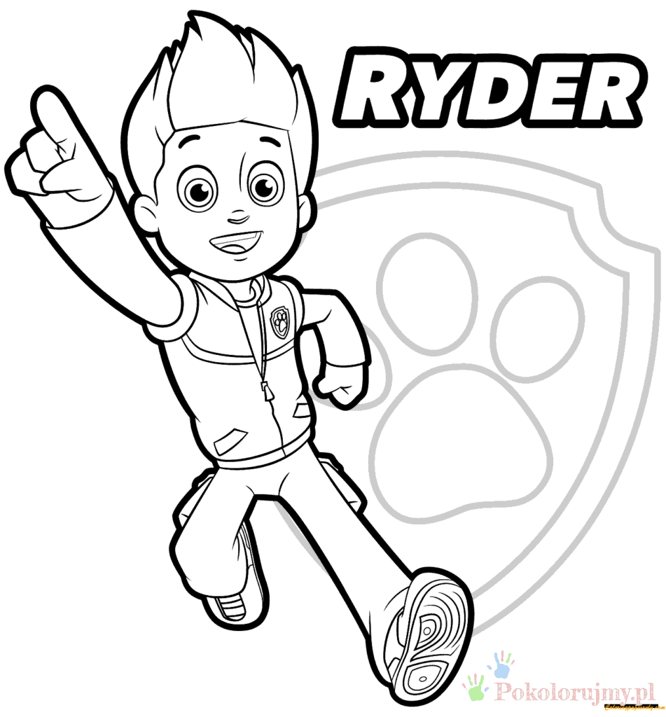 Ryder - kolorowanka z imieniem Ryder biegnący pod dużym napisem RYDER - kolorowanka Psi Patrol